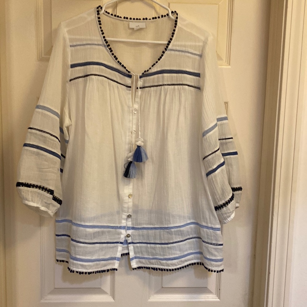 J. Jill White and Blue Buttoned Blouse with Mandarin Collar